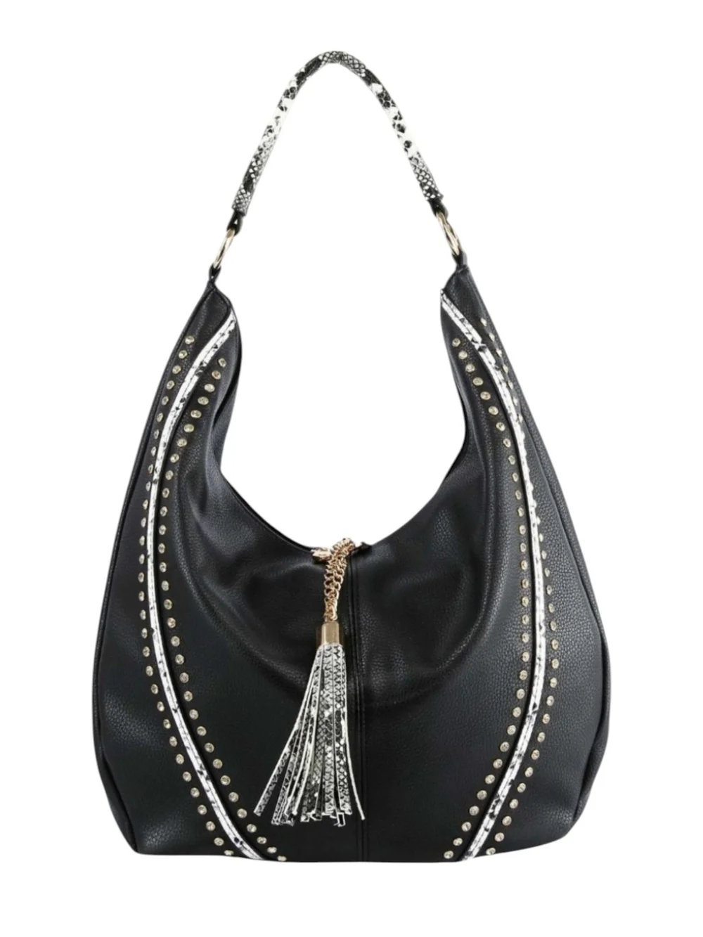 Snake Skin Accented with Gold Rhinestones Black Leather Purse